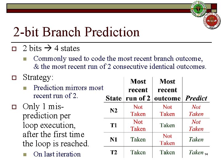 2 -bit Branch Prediction o 2 bits 4 states n o Strategy: n o