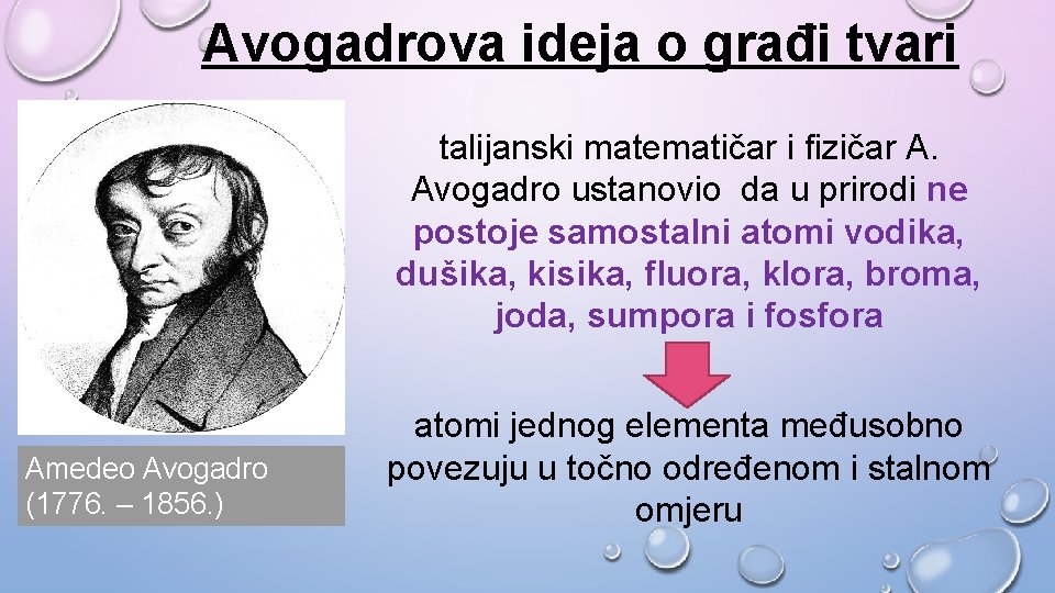 Avogadrova ideja o građi tvari talijanski matematičar i fizičar A. Avogadro ustanovio da u