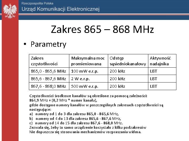 Zakres 865 – 868 MHz • Parametry Zakres częstotliwości Maksymalna moc promieniowana Odstęp Aktywność