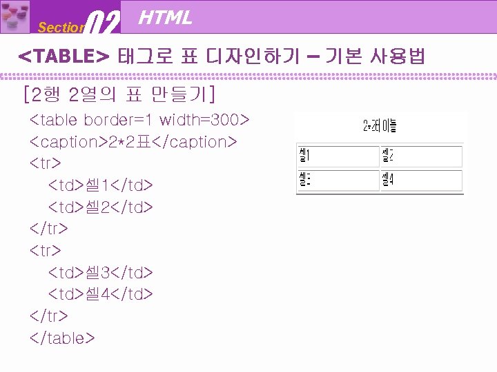 02 Section HTML <TABLE> 태그로 표 디자인하기 – 기본 사용법 [2행 2열의 표 만들기]