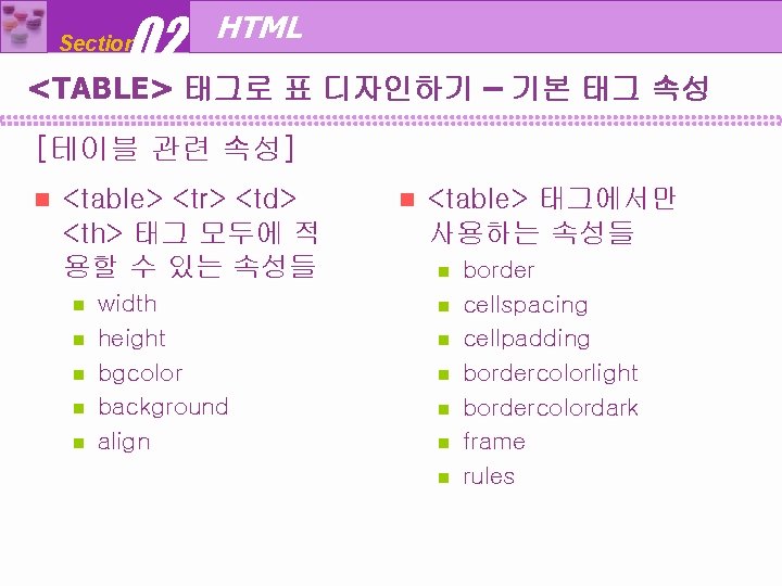 02 Section HTML <TABLE> 태그로 표 디자인하기 – 기본 태그 속성 [테이블 관련 속성]