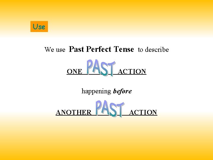 Use We use Past Perfect Tense to describe ONE ACTION happening before ANOTHER ACTION