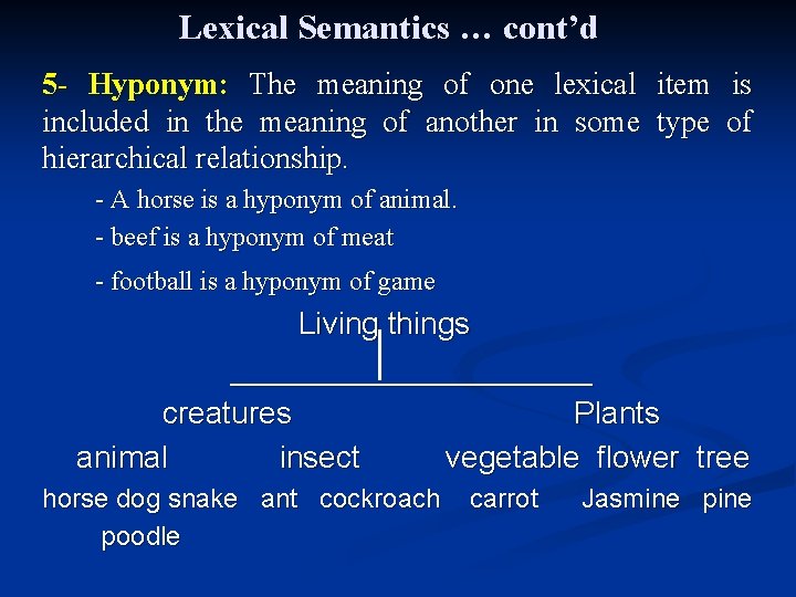 Lexical Semantics … cont’d 5 - Hyponym: The meaning of one lexical item is