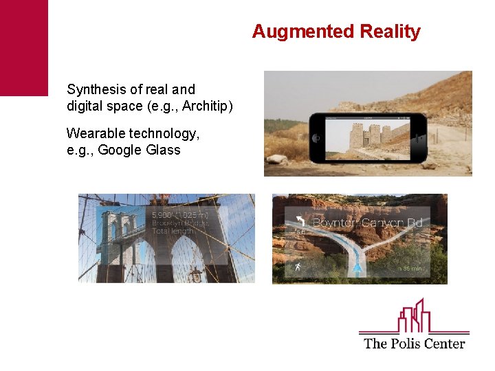 Augmented Reality Synthesis of real and digital space (e. g. , Architip) Wearable technology,