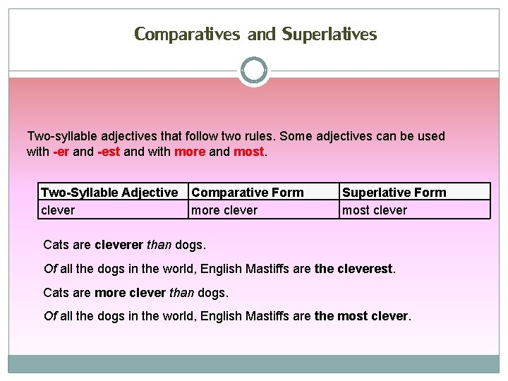 Comparatives and Superlatives Two-syllable adjectives that follow two rules. Some adjectives can be used