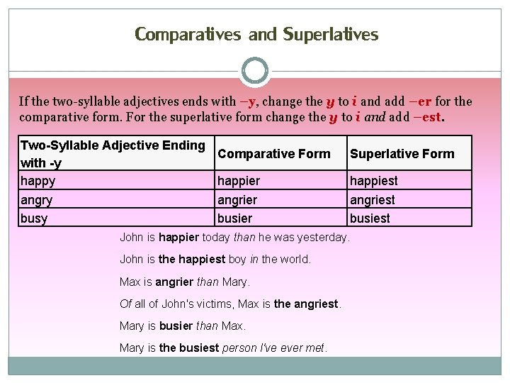 Comparatives and Superlatives If the two-syllable adjectives ends with –y, change the y to
