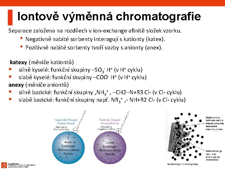 Iontově výměnná chromatografie Separace založena na rozdílech v ion-exchange afinitě složek vzorku. • Negativně