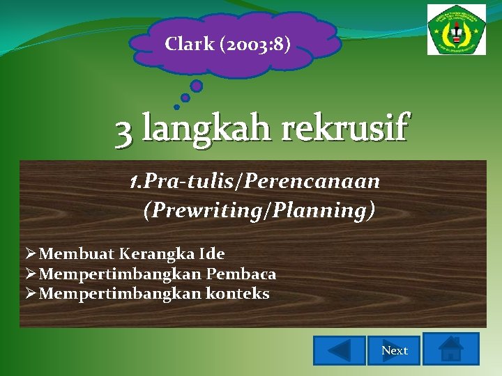 Clark (2003: 8) 3 langkah rekrusif 1. Pra-tulis/Perencanaan (Prewriting/Planning) ØMembuat Kerangka Ide ØMempertimbangkan Pembaca