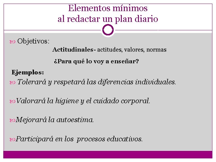 Elementos mínimos al redactar un plan diario Objetivos: Actitudinales- actitudes, valores, normas ¿Para qué