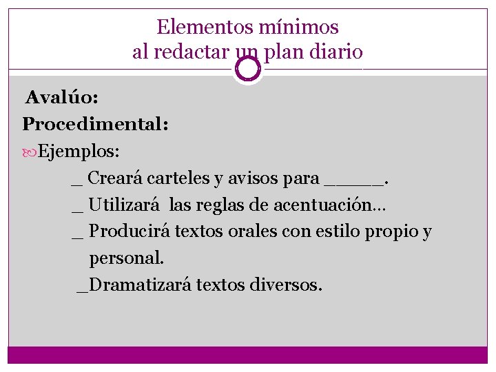 Elementos mínimos al redactar un plan diario Avalúo: Procedimental: Ejemplos: _ Creará carteles y