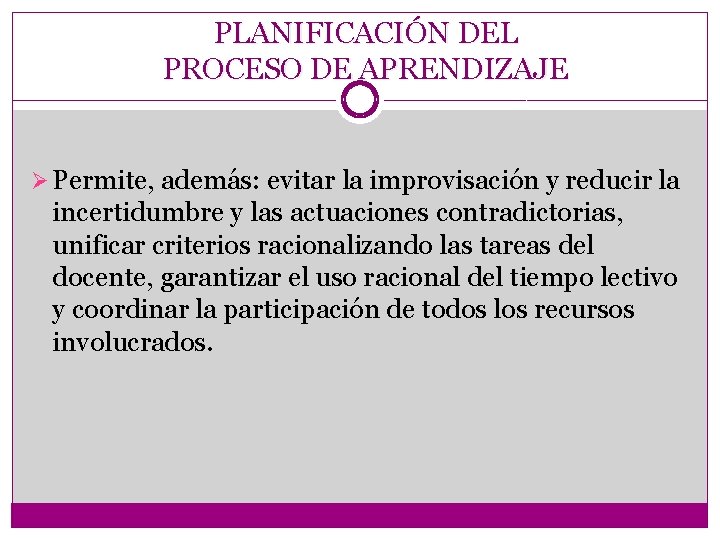 PLANIFICACIÓN DEL PROCESO DE APRENDIZAJE Ø Permite, además: evitar la improvisación y reducir la