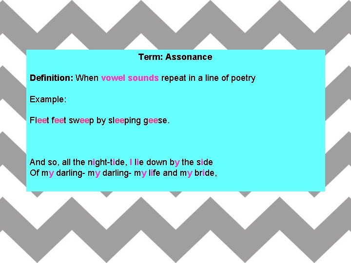 Term: Assonance Definition: When vowel sounds repeat in a line of poetry Example: Fleet