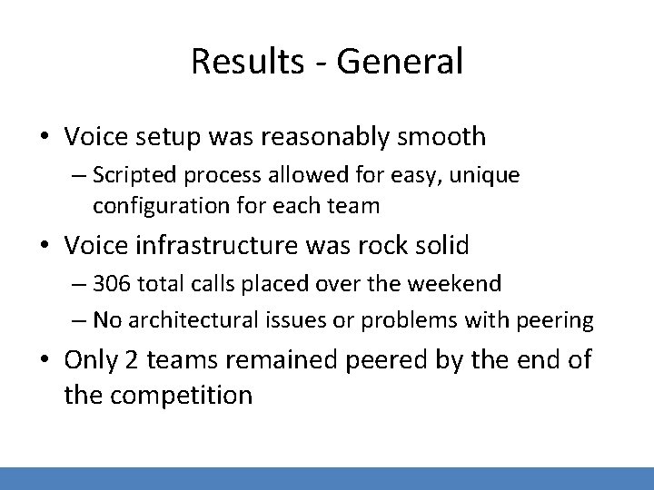 Results - General • Voice setup was reasonably smooth – Scripted process allowed for