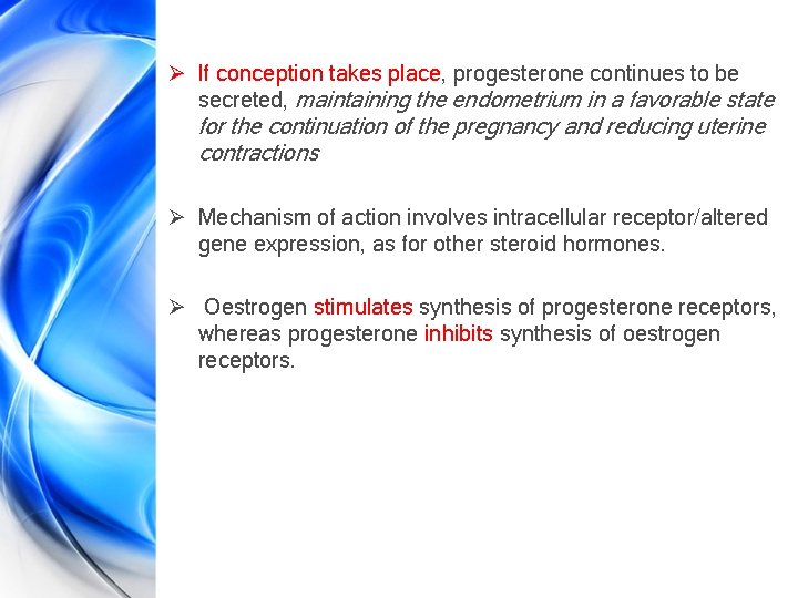 Ø If conception takes place, progesterone continues to be secreted, maintaining the endometrium in