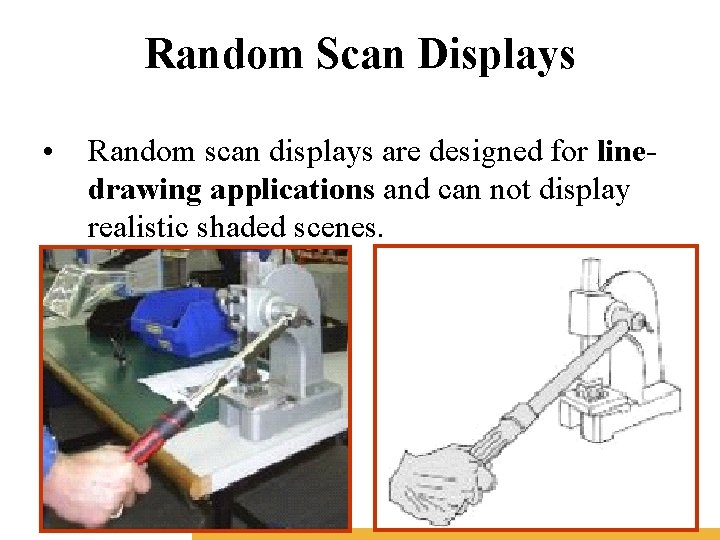 Random Scan Displays • Random scan displays are designed for linedrawing applications and can