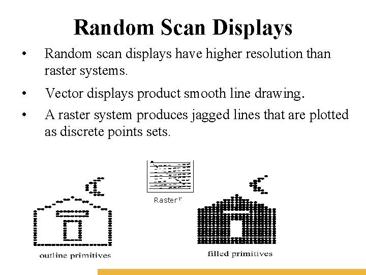 Random Scan Displays • Random scan displays have higher resolution than raster systems. •