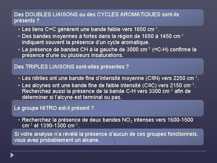 Des DOUBLES LIAISONS ou des CYCLES AROMATIQUES sont-ils présents ? • Les liens C=C