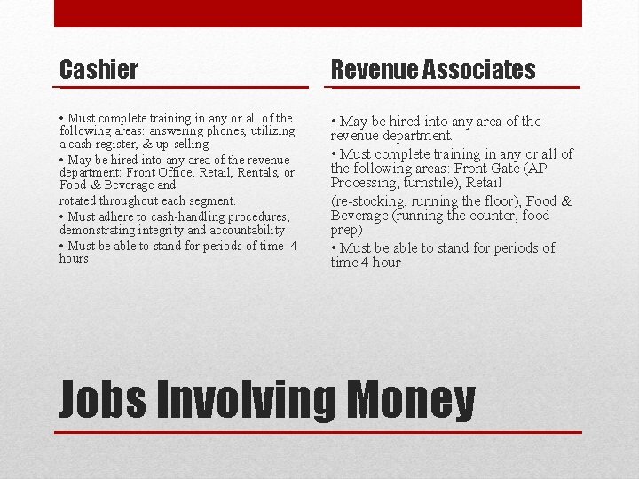 Cashier Revenue Associates • Must complete training in any or all of the following