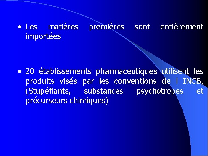  • Les matières importées premières sont entièrement • 20 établissements pharmaceutiques utilisent les