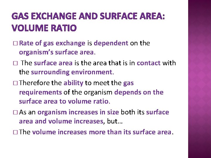 GAS EXCHANGE AND SURFACE AREA: VOLUME RATIO � Rate of gas exchange is dependent