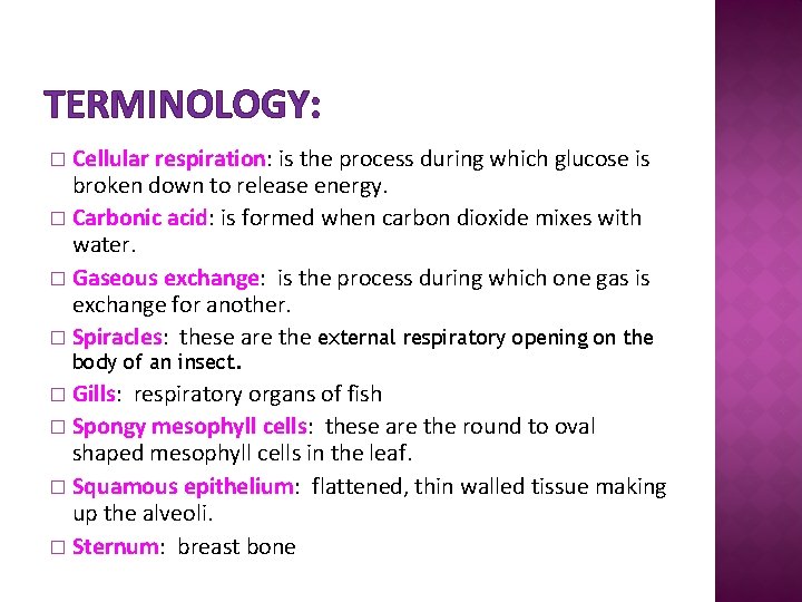 TERMINOLOGY: Cellular respiration: is the process during which glucose is broken down to release