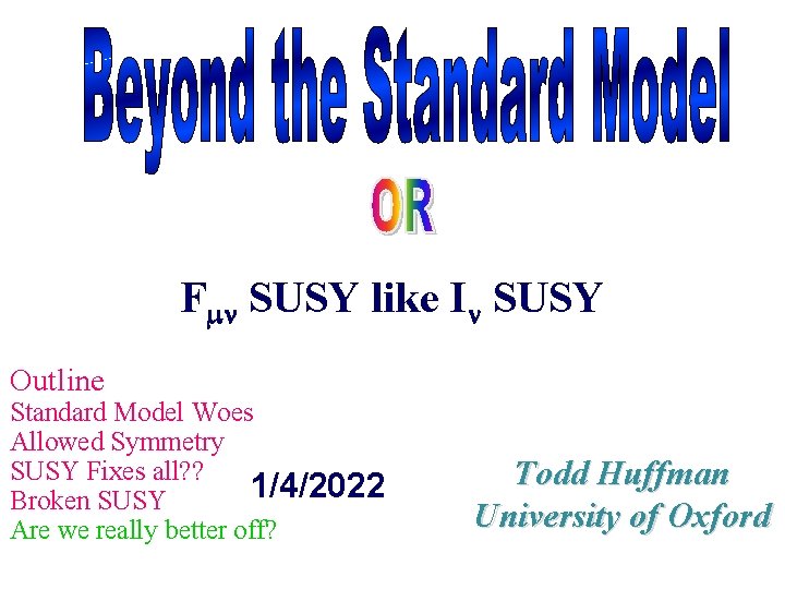 Fmn SUSY like In SUSY Outline Standard Model Woes Allowed Symmetry SUSY Fixes all?