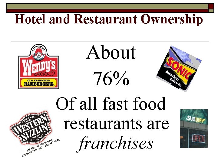 Hotel and Restaurant Ownership About 76% Of all fast food restaurants are franchises 