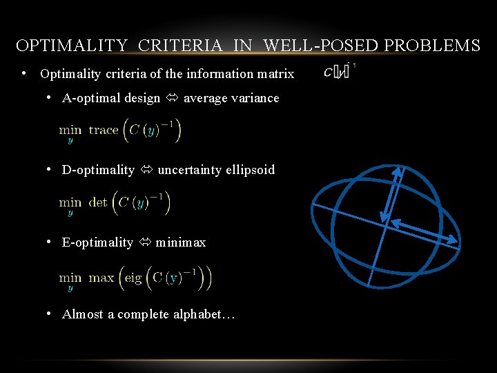 OPTIMALITY CRITERIA IN WELL-POSED PROBLEMS • Optimality criteria of the information matrix • A-optimal