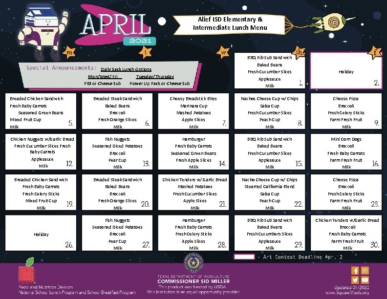 Alief ISD Elementary & Intermediate Lunch Menu Daily Sack Lunch Options Mon/Wed/ Fri Tuesday/Thursday Alief ISD Elementary & Intermediate Lunch Menu Daily Sack Lunch Options Mon/Wed/ Fri Tuesday/Thursday