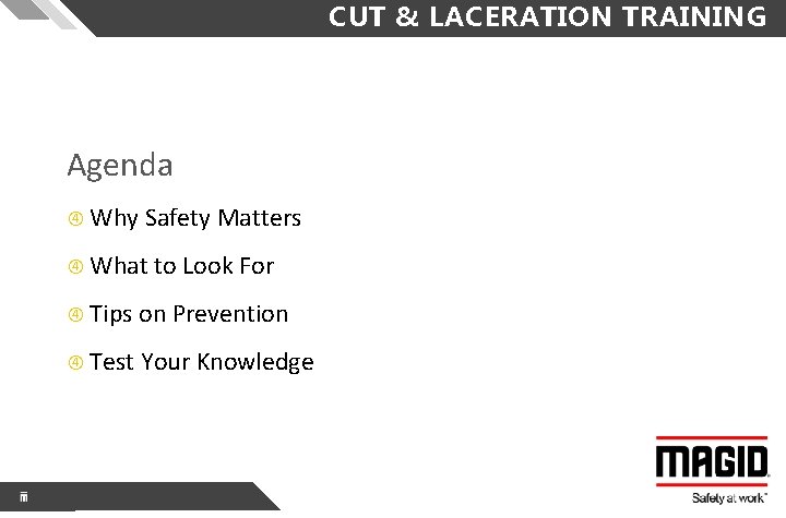 CUT & LACERATION TRAINING Agenda Why Safety Matters What to Look For Tips on