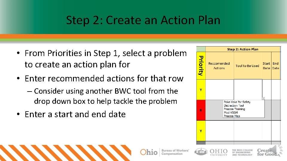 Step 2: Create an Action Plan • From Priorities in Step 1, select a