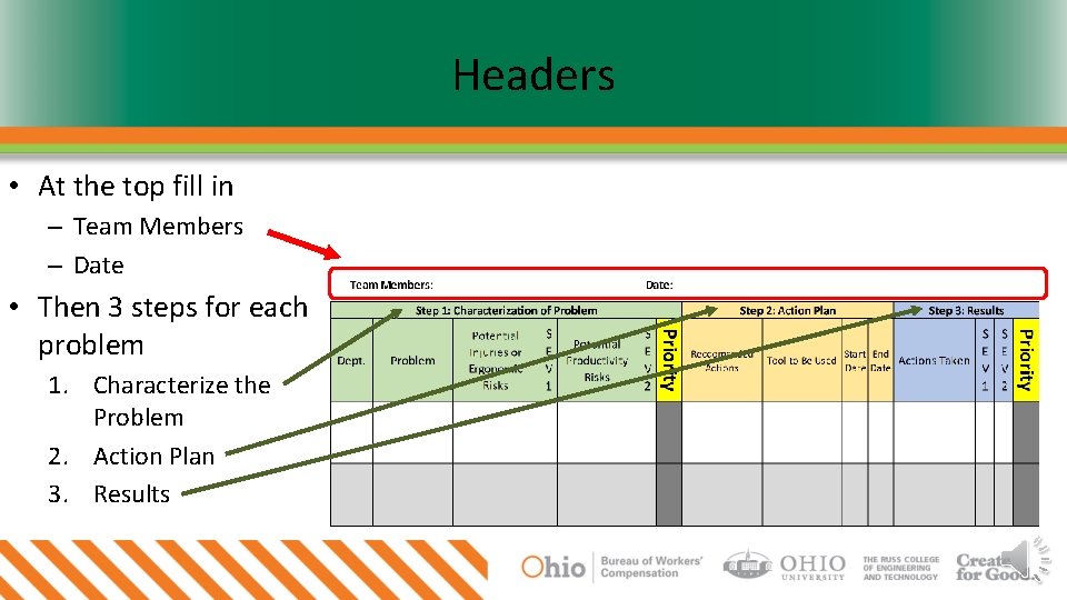 Headers • At the top fill in – Team Members – Date • Then