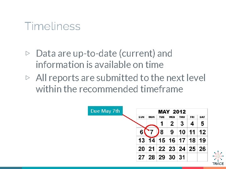 Timeliness ▷ Data are up-to-date (current) and information is available on time ▷ All