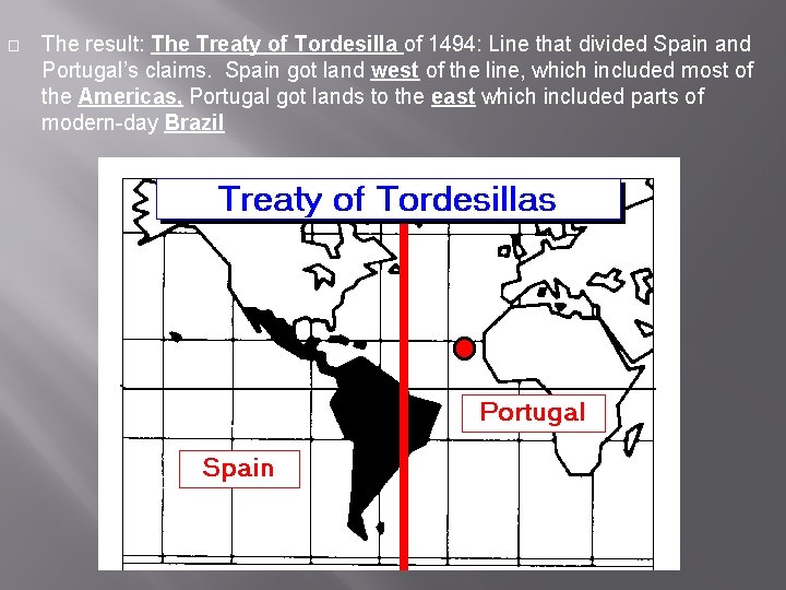 � The result: The Treaty of Tordesilla of 1494: Line that divided Spain and