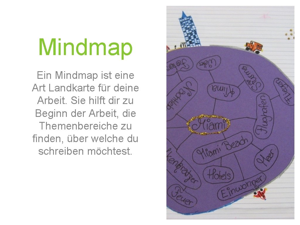 Mindmap Ein Mindmap ist eine Art Landkarte für deine Arbeit. Sie hilft dir zu