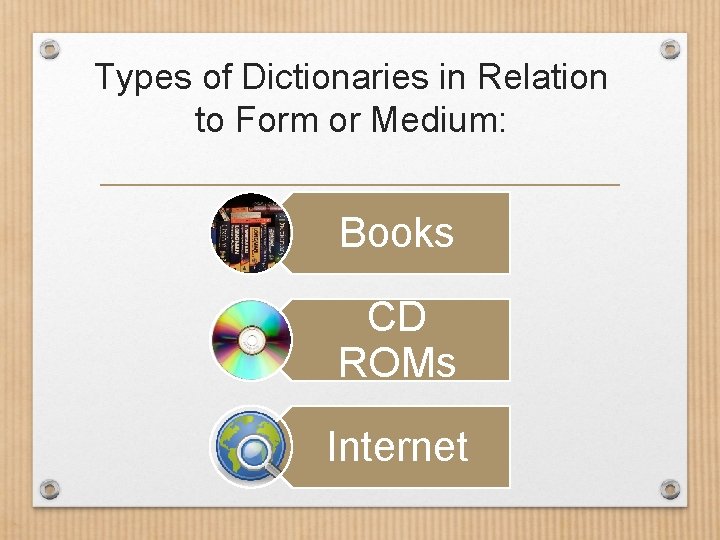 Types of Dictionaries in Relation to Form or Medium: Books CD ROMs Internet 