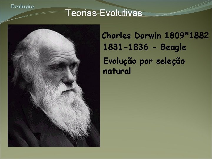 Evolução Teorias Evolutivas Charles Darwin 1809*1882 1831 -1836 - Beagle Evolução por seleção natural