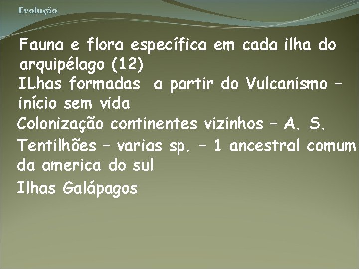 Evolução Fauna e flora específica em cada ilha do arquipélago (12) ILhas formadas a