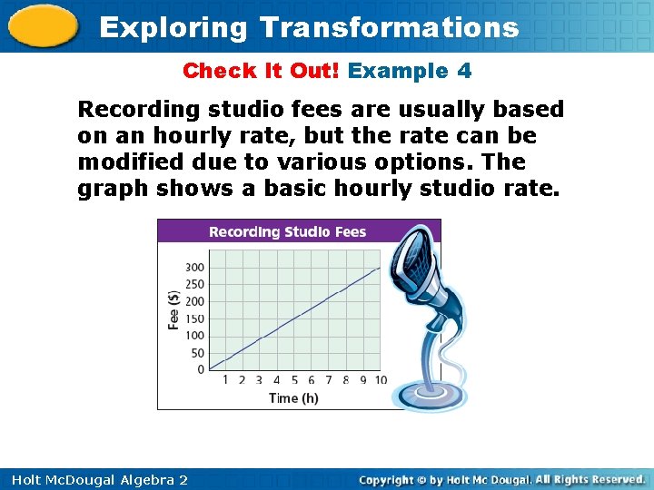 Exploring Transformations Check It Out! Example 4 Recording studio fees are usually based on Exploring Transformations Check It Out! Example 4 Recording studio fees are usually based on