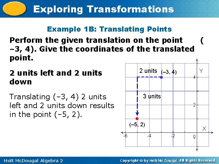 Exploring Transformations Example 1 B: Translating Points Perform the given translation on the point Exploring Transformations Example 1 B: Translating Points Perform the given translation on the point