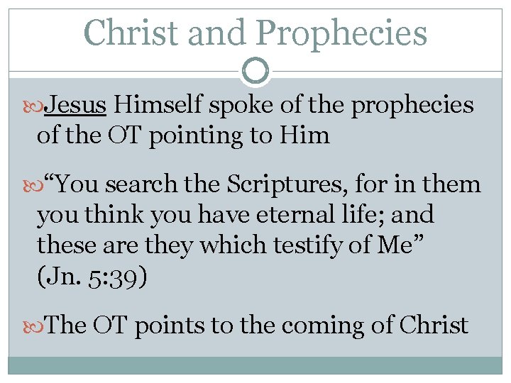 Christ and Prophecies Jesus Himself spoke of the prophecies of the OT pointing to Christ and Prophecies Jesus Himself spoke of the prophecies of the OT pointing to