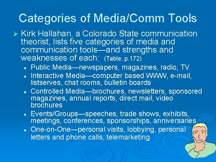 Categories of Media/Comm Tools Ø Kirk Hallahan, a Colorado State communication theorist, lists five