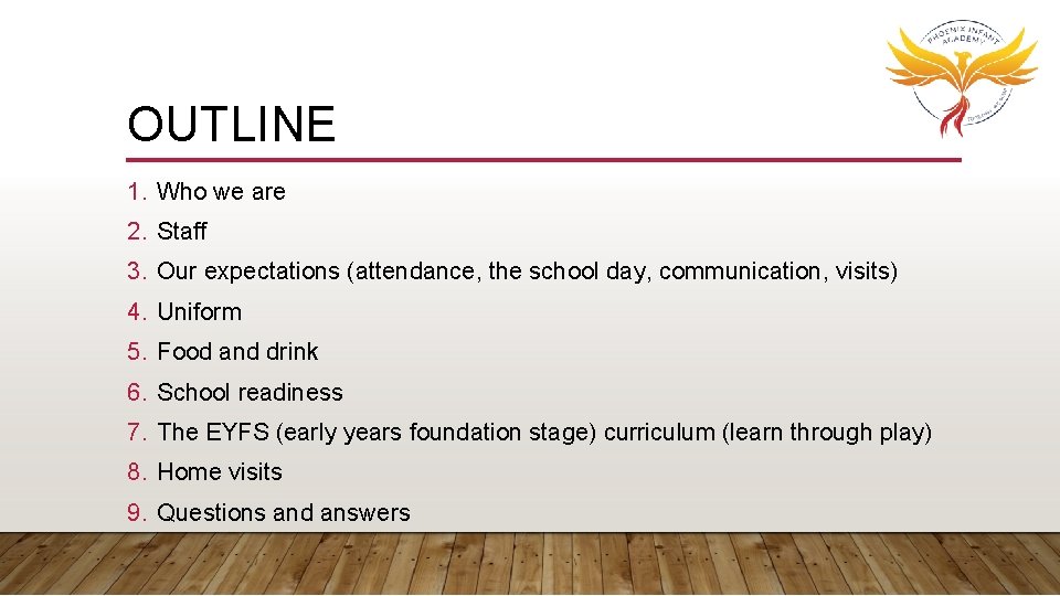OUTLINE 1. Who we are 2. Staff 3. Our expectations (attendance, the school day,