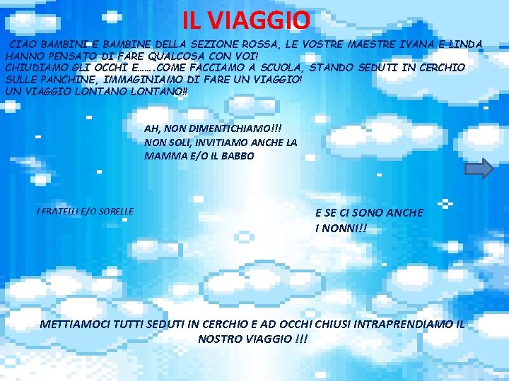IL VIAGGIO CIAO BAMBINI E BAMBINE DELLA SEZIONE ROSSA, LE VOSTRE MAESTRE IVANA E