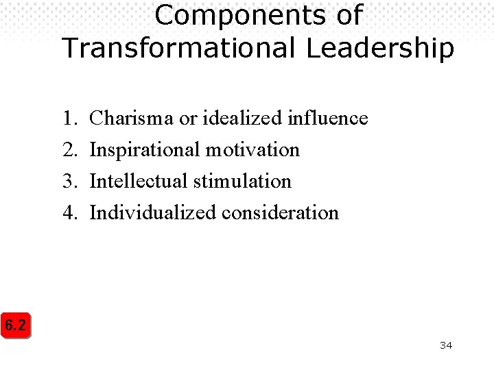 Components of Transformational Leadership 1. 2. 3. 4. Charisma or idealized influence Inspirational motivation