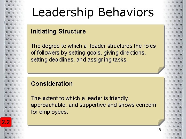 Leadership Behaviors Initiating Structure The degree to which a leader structures the roles of