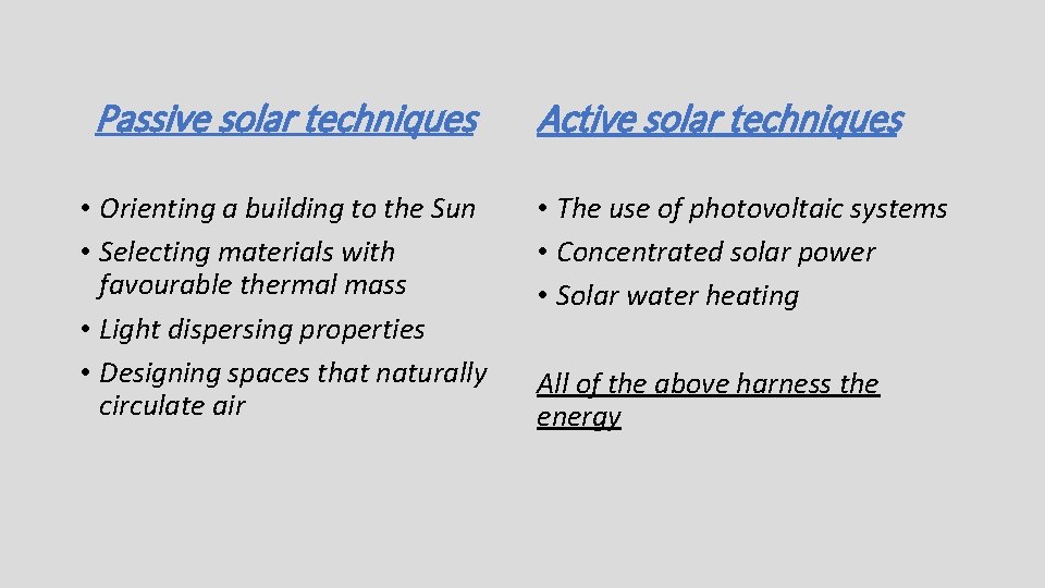 Passive solar techniques • Orienting a building to the Sun • Selecting materials with