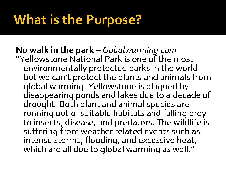 What is the Purpose? No walk in the park – Gobalwarming. com “Yellowstone National