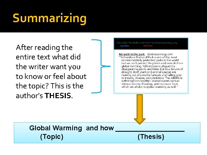 Summarizing After reading the entire text what did the writer want you to know