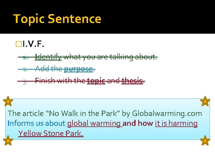 Topic Sentence �I. V. F. 1. Identify what you are talking about. 2. Add